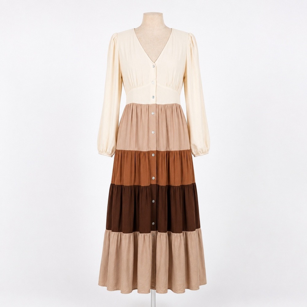 Colorblock Tiered Long Sleeve Button Dress Sz S Tan Prairie Western Cottagecore
